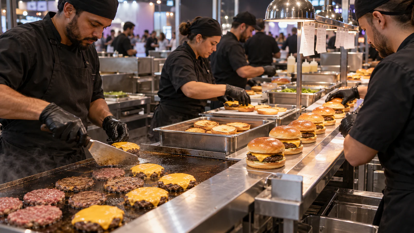 Hambúrgueres preparados para eventos e feiras gastronômicas
